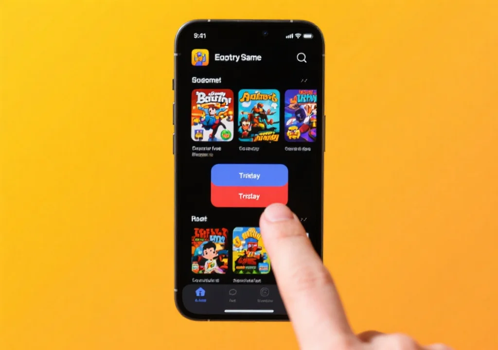 在明亮的手机屏幕上，用户手指轻触电子游戏图标，界面显示丰富多彩的游戏封面和试玩按钮